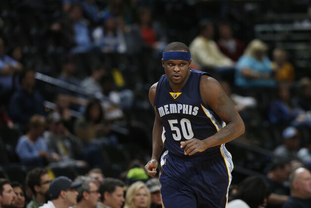 Memphis Grizzlies forward Zach Randolph (50) in the second half of an NBA basketball game Monday, Feb. 29, 2016, in Denver. Memphis won 103-96. (AP Photo/David Zalubowski)