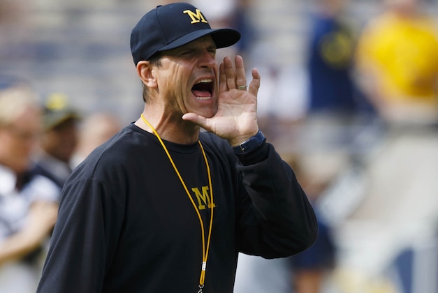 Sep 26, 2015; Ann Arbor, MI, USA; Michigan Wolverines head coach Jim Harbaugh during warm ups prior to the game against the Brigham Young Cougars at Michigan Stadium. Mandatory Credit: Rick Osentoski-USA TODAY Sports