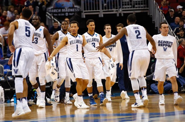 LOUISVILLE, KY - MARCH 24:  Jalen Brunson #1 of the Villanova Wildcats reacts with teammates in the first half against the Miami Hurricanes during the third round of the 2016 NCAA Men's Basketball Tournament at KFC YUM! Center on March 24, 2016 in Louisville, Kentucky.  (Photo by Kevin C. Cox/Getty Images)