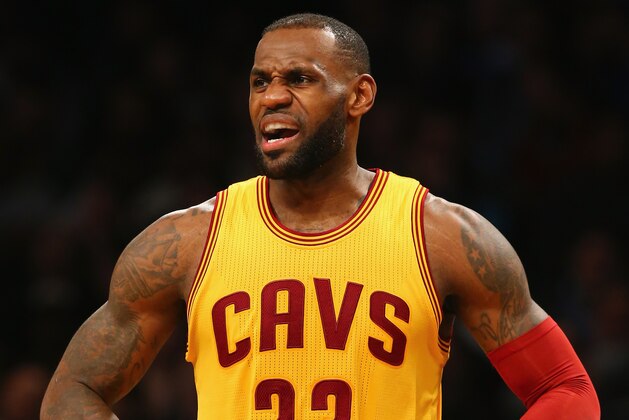 NEW YORK, NY - MARCH 24:  LeBron James #23 of the Cleveland Cavaliers argues a call during their game against the Brooklyn Nets at the Barclays Center on March 24, 2016 in New York City.   NOTE TO USER: User expressly acknowledges and agrees that, by downloading and/or using this Photograph, user is consenting to the terms and conditions of the Getty Images License Agreement.  (Photo by Al Bello/Getty Images)