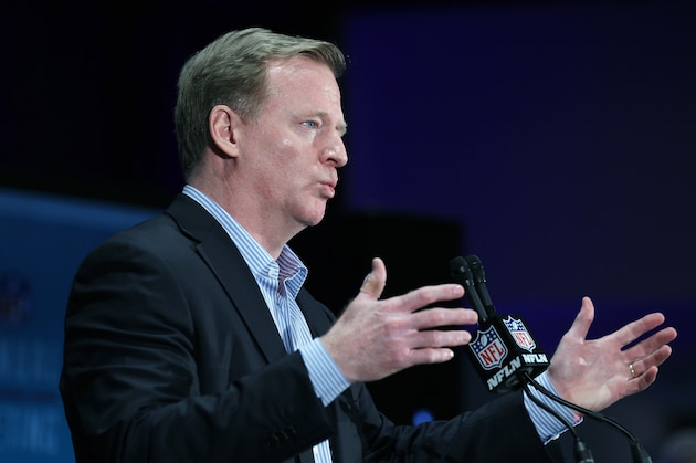 NFL Commissioner Roger Goodell gestures during a press conference at the NFL owners meeting in Boca Raton, Fla., Wednesday, March 23, 2016. (AP Photo/Luis M. Alvarez)