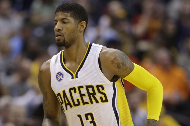 Indiana Pacers' Paul George (13) in action during the second half of an NBA basketball game against the Atlanta Hawks, Thursday, Jan. 28, 2016, in Indianapolis. Indiana won 111-92. (AP Photo/Darron Cummings)