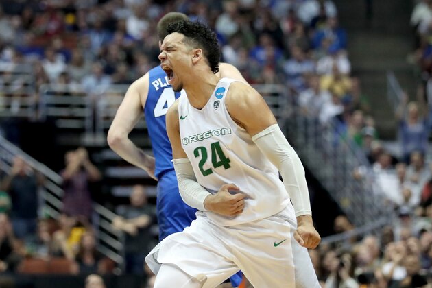 ANAHEIM, CA - MARCH 24:  Dillon Brooks #24 of the Oregon Ducks reacts in the second half while taking on the Duke Blue Devils in the 2016 NCAA Men's Basketball Tournament West Regional at the Honda Center on March 24, 2016 in Anaheim, California.  (Photo by Sean M. Haffey/Getty Images)