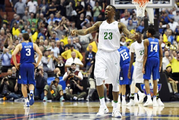 Oregon forward Elgin Cook celebrates after their win against Duke during an NCAA college basketball game in the regional semifinals of the NCAA Tournament, Thursday, March 24, 2016, in Anaheim, Calif. (AP Photo/Mark J. Terrill)