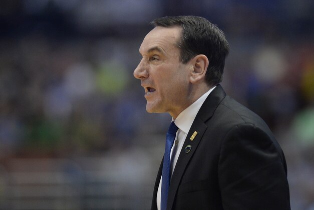 March 24, 2016; Anaheim, CA, USA; Duke Blue Devils  head coach Mike Krzyzewski watches game action against Oregon Ducks during the first half  of the semifinal game in the West regional of the NCAA Tournament at Honda Center. Mandatory Credit: Richard Mackson-USA TODAY Sports
