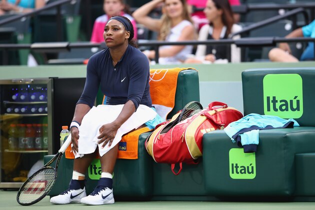 KEY BISCAYNE, FL - MARCH 24: Serena Williams of the United States takes a break after losing the second set against Christina McHale of the United States in their second round match during the Miami Open Presented by Itau at Crandon Park Tennis Center on March 24, 2016 in Key Biscayne, Florida. (Photo by Clive Brunskill/Getty Images) KEY BISCAYNE, FL - MARCH 24: Serena Williams of the United States takes a break after losing the second set against Christina McHale of the United States in their second round match during the Miami Open Presented by Itau at Crandon Park Tennis Center on March 24, 2016 in Key Biscayne, Florida. (Photo by Clive Brunskill/Getty Images)