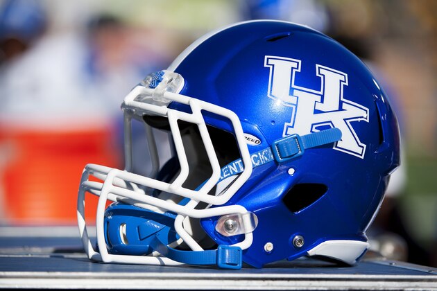 A Kentucky football helmet sits on the bench before the Missouri start of an NCAA college football game against Saturday, Nov. 1, 2014, in Columbia, Mo. (AP Photo/L.G. Patterson)