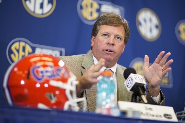 Florida head coach Jim McElwain speaks during a press conference ahead of Saturday's Southeastern Conference championship NCAA college football game against Alabama, Friday, Dec. 4, 2015, in Atlanta. (AP Photo/David Goldman)