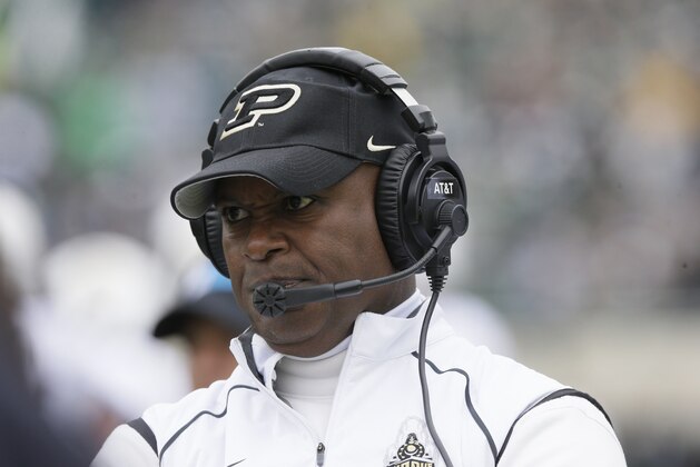 Purdue head coach Darrell Hazell on the sidelines during the first half of an NCAA college football game against Michigan State, Saturday, Oct. 3, 2015, in East Lansing, Mich. (AP Photo/Carlos Osorio)