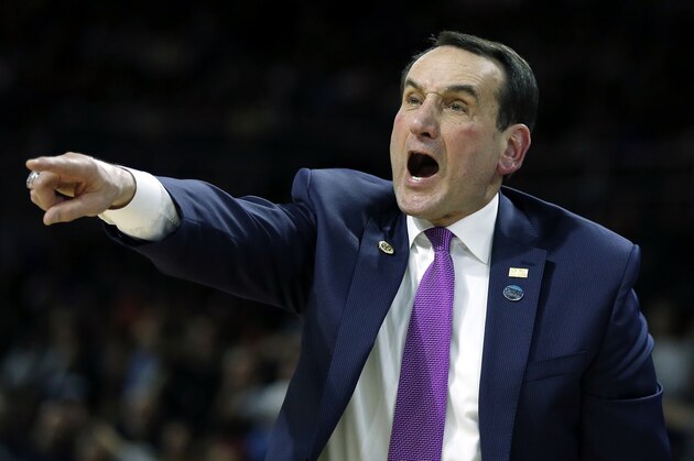 Duke head coach Mike Krzyzewski yells instructions during the second half against Yale in the second round of the NCAA men's college basketball tournament in Providence, R.I., Saturday, March 19, 2016. Duke won 71-64. (AP Photo/Michael Dwyer)
