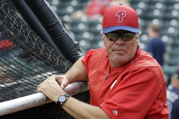 Philadelphia Phillies manager Pete Mackanin  watches batting practice before a spring training baseball game against the Atlanta Braves, Thursday, March 24, 2016, in Kissimmee, Fla. (AP Photo/John Raoux)