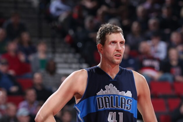 PORTLAND, OR - MARCH 23:  Dirk Nowitzki #41 of the Dallas Mavericks looks on during the game against the Portland Trail Blazers on March 23, 2016 at the Moda Center in Portland, Oregon. NOTE TO USER: User expressly acknowledges and agrees that, by downloading and or using this Photograph, user is consenting to the terms and conditions of the Getty Images License Agreement. Mandatory Copyright Notice: Copyright 2016 NBAE (Photo by Sam Forencich/NBAE via Getty Images)