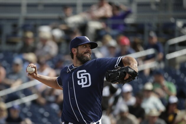 San Diego Padres' James Shields throws during a spring training baseball game against the Chicago White Sox on Friday, March 11, 2016, in Peoria, Ariz. (AP Photo/Darron Cummings)