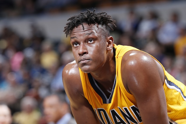 INDIANAPOLIS, IN - MARCH 24: Myles Turner #33 of the Indiana Pacers looks on against the New Orleans Pelicans during a game at Bankers Life Fieldhouse on March 24, 2016 in Indianapolis, Indiana. The Pacers defeated the Pelicans 92-84. NOTE TO USER: User expressly acknowledges and agrees that, by downloading and or using the photograph, User is consenting to the terms and conditions of the Getty Images License Agreement. (Photo by Joe Robbins/Getty Images)