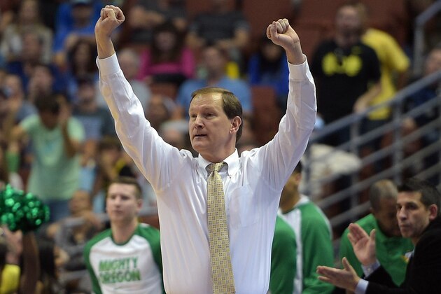 ANAHEIM, CA - MARCH 24: Head coach Dana Altman of the Oregon Ducks reacts near the end of their game against the Duke Blue Devils during the West Regional Semifinal of the 2016 NCAA Men's Basketball Tournament at Honda Center on March 24, 2016 in Anaheim, California. (Photo by Lance King/Getty Images)