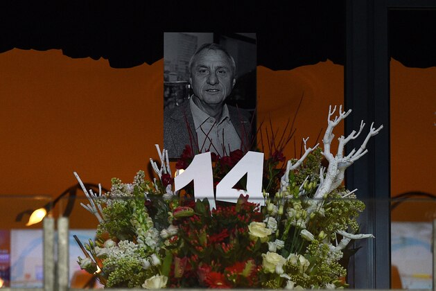 A picture in memory of late Dutch football legend Johann Cruyff is displayed at the Amsterdam ArenA, on March 25, 2016, in Amsterdam, prior to the friendly football match between the Netherlands and France.Cruyff passed away on March 24, 2016 at the age of 68 after a battle with cancer. / AFP / FRANCK FIFE        (Photo credit should read FRANCK FIFE/AFP/Getty Images)