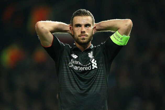 MANCHESTER, ENGLAND - MARCH 17:  Jordan Henderson of Liverpool reacts to a missed chance during the UEFA Europa League Round of 16 Second Leg match between Manchester United and Liverpool at Old Trafford on March 17, 2016 in Manchester, England.  (Photo by Matthew Ashton - AMA/Getty Images)