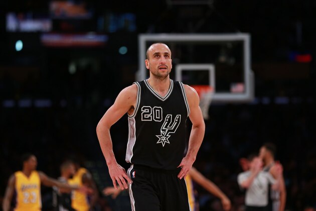 LOS ANGELES, CA - JANUARY 22: Manu Ginobili #20 of the San Antonio Spurs looks up at the scoreboard during the NBA game against the Los Angeles Lakers at Staples Center on January 22, 2016 in Los Angeles, California. The Spurs defeated the Lakers 108 - 95. NOTE TO USER: User expressly acknowledges and agrees that, by downloading and or using this photograph, User is consenting to the terms and conditions of the Getty Images License Agreement.  (Photo by Victor Decolongon/Getty Images)