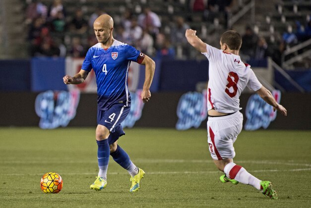 Feb 5, 2016; Carson, CA, USA; United States midfielder Michael Bradley (4) moves the ball in front of Canada midfielder Will Johnson (8) during the first half at StubHub Center. Mandatory Credit: Kelvin Kuo-USA TODAY Sports