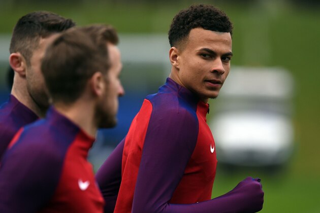 England's midfielder Dele Alli (R) participates during a team training session at St George's Park in Burton-on-Trent, central England on March 22, 2016.
England play world champions Germany in Berlin on March 26, before taking on the Netherlands at Wembley on March 29, as they step up preparations for Euro 2016. / AFP / PAUL ELLIS        (Photo credit should read PAUL ELLIS/AFP/Getty Images)