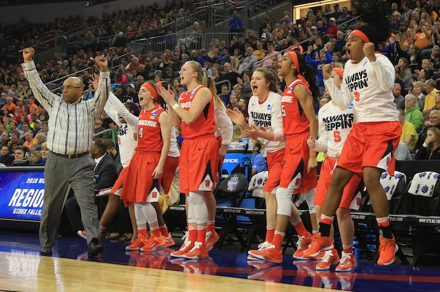 The Syracuse bench reacts during a women's college basketball regional semi-final game against South Carolina in the NCAA Tournament in Sioux Falls, S.D., Friday, March 25, 2016. Syracuse won 80-72. (AP Photo/Nati Harnik)