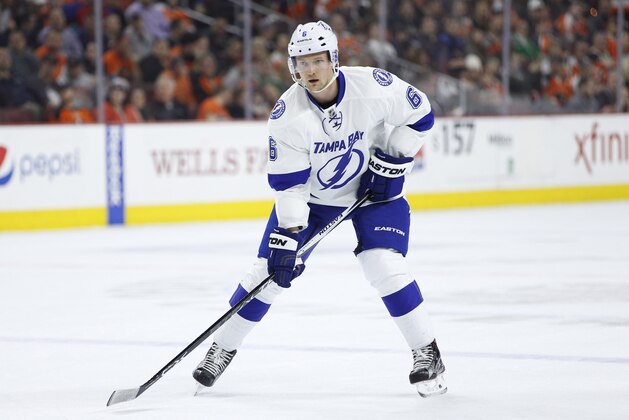 Tampa Bay Lightning's Anton Stralman (6), of Sweden, in action during the first period of an NHL hockey game against the Philadelphia Flyers, Monday, March 7, 2016, in Philadelphia. The Flyers won 4-2. (AP Photo/Chris Szagola)