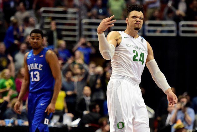 ANAHEIM, CA - MARCH 24:  Dillon Brooks #24 of the Oregon Ducks reacts late in the second half against the Duke Blue Devils n the 2016 NCAA Men's Basketball Tournament West Regional at the Honda Center on March 24, 2016 in Anaheim, California.  (Photo by Harry How/Getty Images)