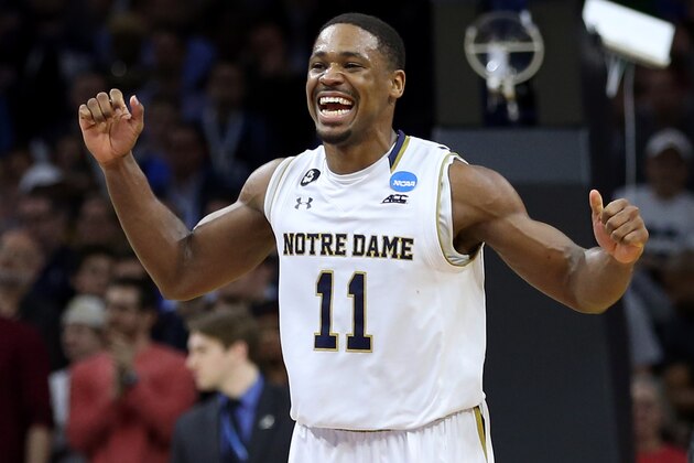PHILADELPHIA, PA - MARCH 25:  Demetrius Jackson #11 of the Notre Dame Fighting Irish celebrates after defeating the Wisconsin Badgers with a score of 56 to 61 during the 2016 NCAA Men's Basketball Tournament East Regional at Wells Fargo Center on March 25, 2016 in Philadelphia, Pennsylvania.  (Photo by Streeter Lecka/Getty Images)