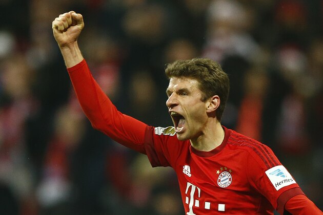 Bayern's Thomas Mueller celebrates after scoring during the German Bundesliga soccer match between FC Bayern Munich and SV Werder Bremen at the Allianz Arena stadium in Munich, Germany, Saturday, March 12, 2016. (AP Photo/Matthias Schrader)