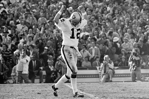 FILE - In this Jan. 9, 1977, file photo, Oakland Raiders quarterback Ken Stabler celebrates completing a touchdown pass en route to his team's 32-14 victory over the Minnesota Vikings in the Super Bowl in Pasadena, Calif. Stabler is a semifinalist for the Pro Football Hall of Fame. The group of 25 semifinalists was announced Tuesday, Nov. 24, 2015. by the Canton, Ohio shrine. (AP Photo)