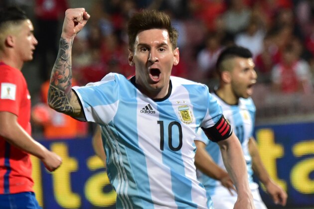 Argentina's Lionel Messi celebrates the team's second goal against Chile during their Russia 2018 FIFA World Cup South American Qualifiers' football match, in Santiago on March 24, 2016. AFP PHOTO / MARTIN BERNETTI / AFP / MARTIN BERNETTI (Photo credit should read MARTIN BERNETTI/AFP/Getty Images) Argentina's Lionel Messi celebrates the team's second goal against Chile during their Russia 2018 FIFA World Cup South American Qualifiers' football match, in Santiago on March 24, 2016. AFP PHOTO / MARTIN BERNETTI / AFP / MARTIN BERNETTI (Photo credit should read MARTIN BERNETTI/AFP/Getty Images)