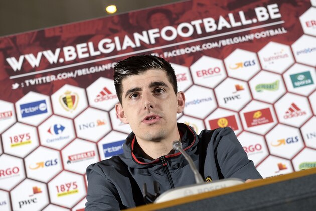 Belgium's goalkeeper Thibaut Courtois holds a press conference in Brussels on March 25, 2016 ahead of a friendly football match against Portugal.
Belgium moved a friendly international against Portugal away from Brussels after the militant attacks on the city. Portugal and Belgium will play the March 29 match in the Portuguese city of Leiria instead. / AFP / Belga / YORICK JANSENS / Belgium OUT        (Photo credit should read YORICK JANSENS/AFP/Getty Images)