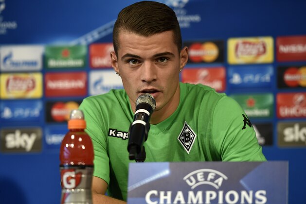 Moenchengladbach's Granit Xhaka talks to the media at a press conference prior to the Champions League group E soccer match between Borussia Moenchengladbach and Manchester City in Moenchengladbach, Germany, Tuesday, Sept. 29, 2015. (AP Photo/Martin Meissner) Moenchengladbach's Granit Xhaka talks to the media at a press conference prior to the Champions League group E soccer match between Borussia Moenchengladbach and Manchester City in Moenchengladbach, Germany, Tuesday, Sept. 29, 2015. (AP Photo/Martin Meissner)