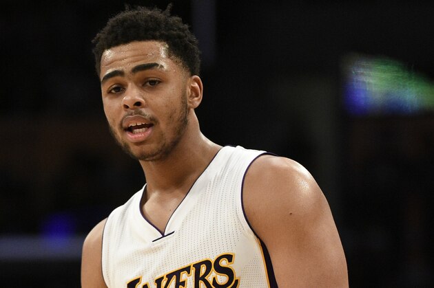 Los Angeles Lakers guard D’Angelo Russell in action during the second half of an NBA basketball game against the Golden State Warriors in Los Angeles, Sunday, March 6, 2016. The Los Angeles Lakers won 112-95. (AP Photo/Kelvin Kuo)