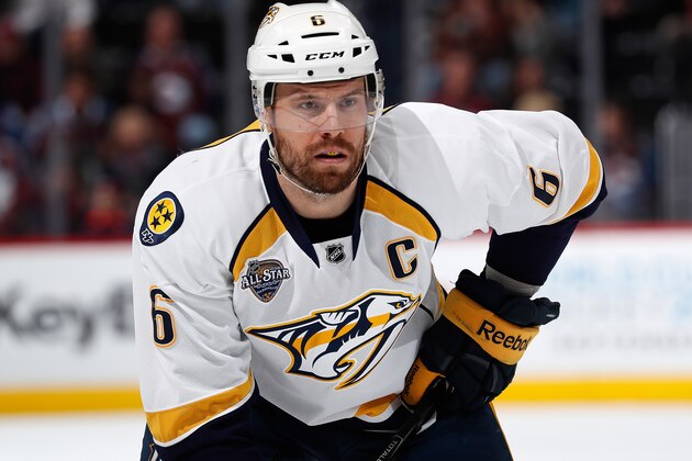 DENVER, CO - MARCH 05:  Shea Weber #6 of the Nashville Predators awaits a face off against the Colorado Avalanche at Pepsi Center on March 5, 2016 in Denver, Colorado. The Predators defeated the Avalanche 5-2.  (Photo by Doug Pensinger/Getty Images)