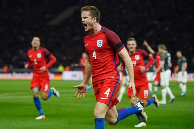 BERLIN, GERMANY - MARCH 26:  Eric Dier of England celebrates scoring his team's third goal during the International Friendly match between Germany and England at Olympiastadion on March 26, 2016 in Berlin, Germany.  (Photo by Mike Hewitt/Getty Images)