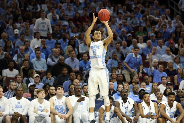 Mar 25, 2016; Philadelphia, PA, USA; North Carolina Tar Heels guard Marcus Paige (5) shoots against the Indiana Hoosiers during the second half in a semifinal game in the East regional of the NCAA Tournament at Wells Fargo Center. Mandatory Credit: Bill Streicher-USA TODAY Sports