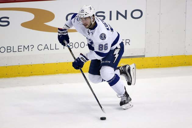 Tampa Bay Lightning right wing Nikita Kucherov (86) plays during an NHL hockey game against the Pittsburgh Penguins in Pittsburgh, Saturday, Feb. 20, 2016. (AP Photo/Gene J. Puskar)