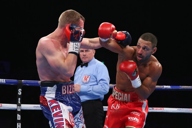 SHEFFIELD, ENGLAND - MARCH 26:  Kell Brook lands a right shot on Kevin Bizier during the IBF World Welterweight Championship between Kell Brook and Kevin Bizier at Sheffield Arena on March 26, 2016 in Sheffield, England.  (Photo by Alex Livesey/Getty Images)