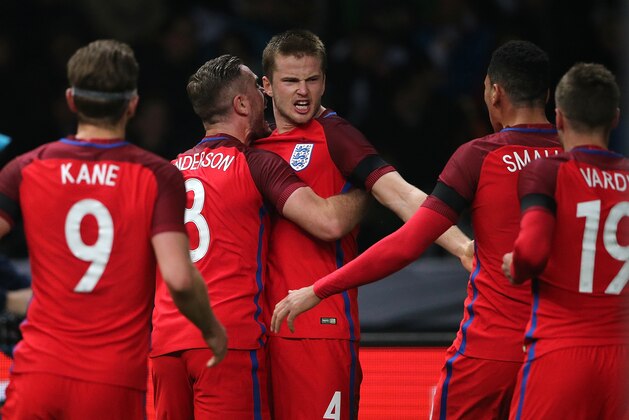 BERLIN, GERMANY - MARCH 26:  Eric Dier of England celebrates scoring the winning goal with his team-mates during the International Friendly match between Germany and England at Olympiastadion on March 26, 2016 in Berlin, Germany.  (Photo by Matthew Ashton - AMA/Getty Images)