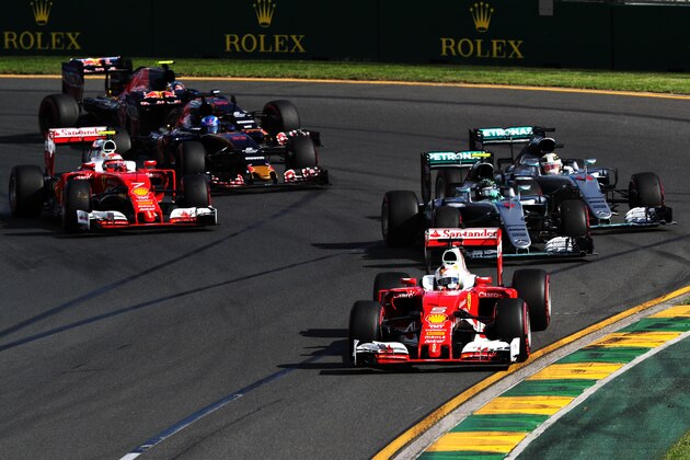 MELBOURNE, AUSTRALIA - MARCH 20: Sebastian Vettel of Germany drives the (5) Scuderia Ferrari SF16-H Ferrari 059/5 turbo (Shell GP) leads the field at the start during the Australian Formula One Grand Prix at Albert Park on March 20, 2016 in Melbourne, Australia.  (Photo by Mark Thompson/Getty Images)