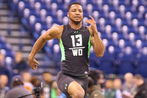 Texas Christian receiver Josh Doctson runs the 40 yard dash at the NFL football scouting combine Saturday, Feb. 27, 2016, in Indianapolis. (AP Photo/Gregory Payan)