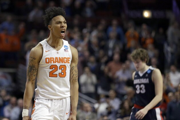 Syracuse's Malachi Richardson (23) reacts in the closing seconds of a college basketball game against Gonzaga in the regional semifinals of the NCAA Tournament, Friday, March 25, 2016, in Chicago. Syracuse won 63-60. (AP Photo/Nam Y. Huh)