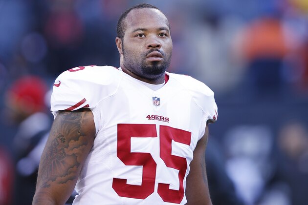 CHICAGO, IL - DECEMBER 6: Ahmad Brooks #55 of the San Francisco 49ers looks on against the Chicago Bears during the game at Soldier Field on December 6, 2015 in Chicago, Illinois. The 49ers defeated the Bears 26-20 in overtime. (Photo by Joe Robbins/Getty Images)