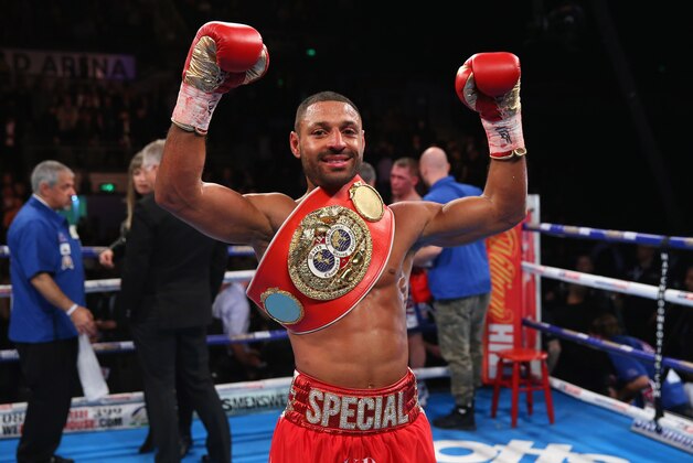 SHEFFIELD, ENGLAND - MARCH 26:  Kell Brook celebrates victory over Kevin Bizier in the second round of the IBF World Welterweight Championship fight between Kell Brook and Kevin Bizier at Sheffield Arena on March 26, 2016 in Sheffield, England.  (Photo by Alex Livesey/Getty Images)