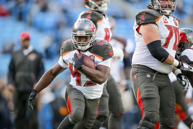 Tampa Bay Buccaneers running back Bobby Rainey (43) warms up before playing the Carolina Panthers during an NFL game in Charlotte, N.C. on Sunday, Jan. 3, 2016. (Chris Keane/AP Images for Panini)