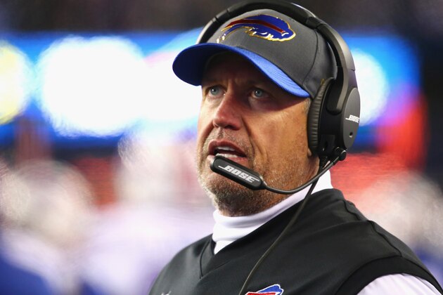 FOXBORO, MA - NOVEMBER 23:  Head coach Rex Ryan of the Buffalo Bills reacts during the third quarter against the New England Patriots at Gillette Stadium on November 23, 2015 in Foxboro, Massachusetts.  (Photo by Maddie Meyer/Getty Images)