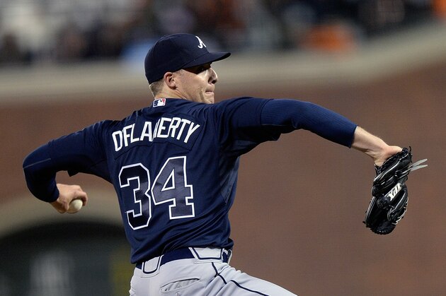SAN FRANCISCO, CA - MAY 09:  Eric O'Flaherty #34 of the Atlanta Braves pitches against the San Francisco Giants in the eighth inning at AT&T Park on May 9, 2013 in San Francisco, California. The Braves won the game 6-3. (Photo by Thearon W. Henderson/Getty Images)