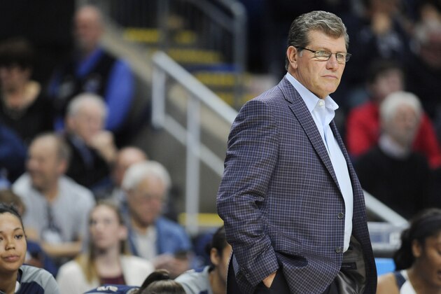 Connecticut head coach Geno Auriemma watches action during the second half of an NCAA college basketball game against Mississippi State in the regional semifinals of the women's NCAA Tournament, Saturday, March 26, 2016, in Bridgeport, Conn. (AP Photo/Jessica Hill)