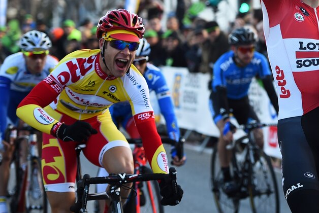 Dutch cyclist Pim Lightart (C) (Lotto-Soudal) celebrates as he crosses the finish line to win the 36th 'Grand Prix de la Marseillaise' cycling race on February 1, 2015 in Marseille, southeastern France, ahead of Belgian cyclists Kenneth Vanbilsen (R) (Cofidis) and Antoine Demoitie (L) (Wallonie Bruxelles). AFP PHOTO / ANNE-CHRISTINE POUJOULAT        (Photo credit should read ANNE-CHRISTINE POUJOULAT/AFP/Getty Images)